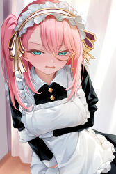 1girl absurdres apron arm_under_breasts black_dress blush bow breasts buttons charlotte_(genshin_impact) dress genshin_impact gloves gold_ribbon green_eyes hair_ribbon highres indoors large_breasts looking_at_viewer maid maid_apron maid_headdress medium_hair monocle open_mouth pink_hair ribbon side_ponytail solo stellar_(str4tostell4r) wavy_mouth white_apron white_gloves