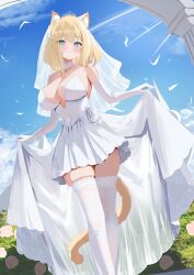 1girl absurdres animal_ear_fluff animal_ears aqua_eyes blonde_hair blush breasts bridal_gauntlets bridal_veil cat_ears cat_girl cat_tail cleavage closed_mouth commentary_request covered_navel dress feet_out_of_frame highres large_breasts looking_at_viewer medium_hair natsuki_(natsu_1936) original outdoors skindentation smile solo standing tail thighhighs thighs tiara veil wedding_dress white_bridal_gauntlets white_dress white_thighhighs white_veil zettai_ryouiki