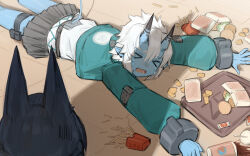 Rule 34 | &gt; &lt;, 2girls, absurdres, animal ears, apu spills his tendies (meme), black hair, blue skin, burger, colored skin, crying, dodo (yatotoyatoto), fallen down, food, fox ears, fox girl, french fries, green jacket, grey skirt, highres, horns, hoshimi miyabi, jacket, looking at another, lying, meme, multiple girls, on ground, on stomach, oni, open mouth, pointy ears, shadow, skin-covered horns, skirt, solo focus, soukaku (zenless zone zero), spill, tray, zenless zone zero