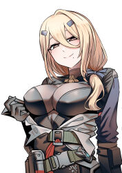 1girl absurdres andoris_(girls&#039;_frontline_2) belt black_gloves blonde_hair bow breasts commentary covered_erect_nipples english_commentary girls&#039;_frontline girls&#039;_frontline_2:_exilium gloves grey_bow hair_between_eyes hair_bow highres large_breasts long_hair looking_at_viewer low_ponytail mole mole_under_eye mole_under_mouth multiple_moles ponytail ringed_eyes senpaihawkkun simple_background smile solo upper_body white_background yellow_eyes