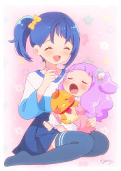 2girls :d baby bird bloomers blue_hair blue_skirt blue_thighhighs bow closed_eyes dress ellee-chan hair_bow happy hirogaru_sky!_precure holding holding_toothbrush kyanos_(b_0000ff) long_sleeves multicolored_hair multiple_girls no_shoes open_mouth pink_background pink_dress precure purple_hair shirt short_hair side_ponytail simple_background sitting sitting_on_lap sitting_on_person skirt smile sora_harewataru thighhighs toothbrush two-tone_background two-tone_hair underwear white_background yuunagi_tsubasa yuunagi_tsubasa_(bird)