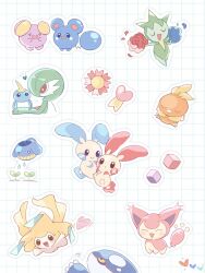 appyon_(archangel_ayp) azurill blush bright_pupils closed_eyes colored_sclera gardevoir gen_3_pokemon grid_background heart highres holding holding_pokemon jirachi kyogre legendary_pokemon minun mythical_pokemon nintendo no_feet no_humans notice_lines plusle pokeblock pokemon pokemon_(creature) red_eyes ribbon roselia_(pokemon) skitty solid_oval_eyes surskit torchic wailmer wailmer_pail whismur yellow_sclera