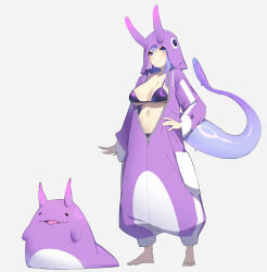 1girl barefoot bikini blue_eyes blush breasts cleavage closed_mouth full_body goat_king hand_on_own_hip highres horns large_breasts looking_at_viewer navel onesie original pointy_ears purple_bikini purple_hair shadow short_hair simple_background skin-covered_horns smile solo stomach stuffed_animal stuffed_toy swimsuit tail toes white_background
