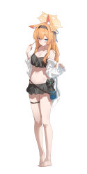 1girl absurdres animal_ear_fluff animal_ears bare_shoulders barefoot blue_archive blue_eyes blush breasts cat_ears cleavage full_body halo highres long_hair looking_at_viewer mari_(blue_archive) orange_hair sidelocks solo sukaliya