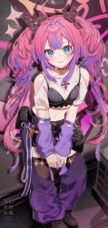 1girl absurdres ahoge black_bow black_bra black_shoes black_shorts blue_eyes bow bra bra_over_clothes commentary hair_bow highres hololive hololive_dev_is inana kikirara_vivi long_hair looking_at_viewer multicolored_hair pink_hair purple_arm_warmers purple_hair shirt shoes shorts smile solo streaked_hair twintails underwear very_long_hair virtual_youtuber white_shirt