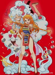 Rule 34 | 1boy, 1girl, 1other, absurdres, armor, bare legs, bracelet, breasts, bubble, chandllucky, clima-tact, closed eyes, cloud, curvy, earrings, electricity, facial scar, floating, floral print, floral print kimono, fur-trimmed shorts, fur trim, gear fifth, grin, hat, heart, heart-shaped eyes, highres, holding, holding staff, holding weapon, japanese armor, japanese clothes, jewelry, kimono, large breasts, legs, long hair, looking at viewer, mini hat, monkey d. luffy, nami (one piece), nami (one piece) (onigashima), official alternate costume, one piece, open mouth, orange hair, pearl earrings, print kimono, red background, red kimono, red shoes, sandals, scar, scar on cheek, scar on face, shirt, shoes, short kimono, shorts, shoulder tattoo, sleeveless, sleeveless kimono, smile, staff, standing, tattoo, tongue, tongue out, twitter username, wavy hair, weapon, white hair, white shirt, white shorts, wide hips, zeus (one piece)