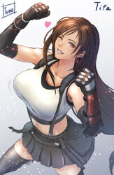 Rule 34 | 1girl, artist name, black skirt, black thighhighs, breasts, brown hair, character name, collarbone, commentary request, final fantasy, final fantasy vii, large breasts, long hair, looking at viewer, midriff, red eyes, skirt, smile, solo, tagme, thighhighs, tifa lockhart, tomo eokaiteru