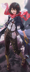 1boy absurdres androgynous black_coat black_hair black_necktie brown_eyes brown_pants chest_strap coat double-parted_bangs dress_shirt earrings fangs flower full_body hair_between_eyes high_heels highres hip_vent holding holding_shovel jewelry looking_at_viewer male_focus mashiro_meme mashiro_meme_(1st_costume) naoko_(naonocoto) necktie nijisanji open_mouth pants pantyhose red_scarf safety_pin safety_pin_hair_ornament scarf shirt shirt_tucked_in shovel sleeve_cuffs solo square-end_necktie teeth three-quarter_sleeves upper_teeth_only virtual_youtuber white_shirt yellow_pantyhose