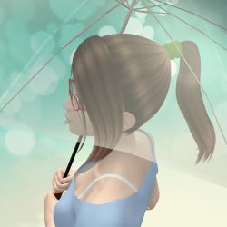 1girl 3d artist_request blue_background blue_dress bra breasts brown_hair downblouse dress female_focus glasses highres nipple_slip nipples ponytail small_breasts solo transparent transparent_umbrella umbrella underwear walking