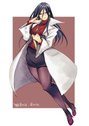 Rule 34 | 1girl, black hair, breasts, full body, glasses, high heels, jacket, jewelry, justice gakuen, lab coat, large breasts, long hair, long sleeves, looking at viewer, minazuki kyouko, pantyhose, pencil skirt, purple eyes, red sweater, rosie rosie, simple background, skirt, smile, solo, sweater, turtleneck
