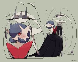 a-nya alternate_color antennae artist_name black_dress black_gloves blue_hair blush bob_cut colored_skin dress elbow_gloves gardevoir gen_3_pokemon gen_7_pokemon gloves hair_over_one_eye long_hair mega_gardevoir mega_pokemon multicolored_skin nintendo pheromosa pokemon pokemon_(creature) purple_eyes red_eyes shiny_pokemon simple_background strapless strapless_dress surprised sweatdrop ultra_beast very_long_hair white_skin