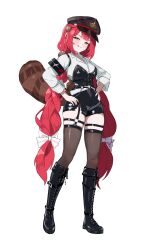 1girl absurdres alternate_costume black_boots black_hat black_thighhighs boots bow closed_mouth collared_shirt full_body hair_bow hand_on_own_hip hashtag-only_commentary hat highres knee_boots long_hair long_sleeves looking_at_viewer low_twintails military_hat o-ring o-ring_thigh_strap pongdo red_hair shirt simple_background smile solo standing thigh_strap thighhighs tongue tongue_out twintails ukinami_yuzuha very_long_hair white_background white_bow white_shirt zenless_zone_zero
