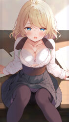 1girl black_pantyhose blonde_hair blue_eyes blush bra breasts cleavage collarbone collared_shirt desk highres komone_ushio large_breasts long_sleeves looking_at_viewer medium_hair on_desk open_clothes open_mouth open_shirt original panties panties_under_pantyhose pantyhose shirt sitting tartaris_mariveninne_(komone_ushio) underwear white_bra white_shirt