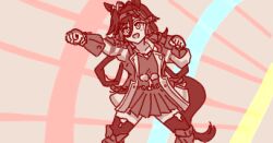 1girl animal_ears brown_theme clenched_hands coat commentary_request cowboy_shot dress hairband horse_ears horse_girl horse_tail long_hair lowres monochrome ninja no_reason_(umamusume) open_clothes open_coat open_mouth punching shiodanx smile solo tail thighhighs umamusume