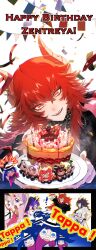 5girls absurdres birthday_cake black_collar black_gloves black_jacket black_nails black_shirt blue_hair cake character_name chest_sarashi collar demon_girl dragon_girl dragon_horns fang fingerless_gloves food gecko_zen geega_(vtuber) gloves happy_birthday haruka_karibu henya_the_genius henya_the_genius_(1st_costume) heterochromia highres hime_hajime holding holding_plate horns ironmouse ironmouse_(demon_form) jacket kson kuro_kurenai long_hair melody_(projektmelody) monarch_(amalee) multicolored_hair multicolored_jacket multiple_girls nail_polish open_mouth pink_hair plate pointy_ears purple_eyes purple_hair red_eyes red_hair sarashi seafood_tarako shirt skin_fang smile souchou spiked_collar spikes streaked_hair two-tone_jacket virtual_youtuber vshojo white_jacket yellow_eyes zentreya zentreya_(dragon) zentreya_(dragon)_(metalheads)