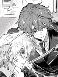 2boys black_gloves collared_shirt earrings formal_clothes gloves greyscale hair_between_eyes jewelry male_focus monochrome multiple_boys necktie original parted_lips qyzhiaiyisheng shirt short_hair sketch white_shirt yaoi