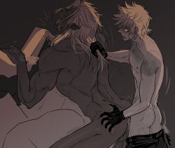 Rule 34 | 2boys, anal, anger vein, angry, ass, back, black gloves, blush, boy on top, clothes pull, colored eyelashes, completely nude, dark-skinned male, dark skin, ear blush, erection, gloves, grabbing another&#039;s hair, holding another&#039;s hair, kingdom hearts, long hair, looking at another, lying, male focus, male penetrated, moaning, motion lines, multiple boys, nekokat42, nipples, nude, on stomach, open mouth, pants, pants pull, penis, pointy ears, rough sex, roxas, saliva, sex, sex from behind, shaking, short hair, shoulder blush, spiked hair, standing, sweat, testicles, toned, toned male, topless male, white eyelashes, xemnas, yaoi
