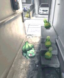 bright_pupils budew bulbasaur car colored_skin gen_1_pokemon gen_4_pokemon green_skin highres motor_vehicle nintendo no_humans outdoors pokemon pokemon_(creature) red_eyes stairs watawatakuro white_car white_pupils