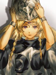 Rule 34 | 1girl, blonde hair, braid, circlet, commentary request, eupha (metaphor: refantazio), helmet, holding, holding helmet, long hair, looking at viewer, metaphor: refantazio, open mouth, pkkoje98bo88835, purple eyes, solo, third eye, twin braids, unworn headwear, unworn helmet