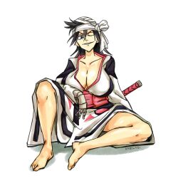 Rule 34 | 1girl, artist request, baiken (cosplay), barefoot, black hair, bleach, blue eyes, breasts, cleavage, collarbone, cosplay, costume switch, guilty gear, highres, large breasts, long hair, shiba kuukaku, solo, source request