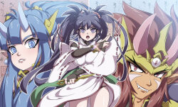 1girl 2boys alternate_breast_size artist_request bare_legs black_hair blue_hair blush breasts demon_boy dress enno_chiaki fingerless_gloves gloves goki_(zenki) grin japanese_clothes kishin_douji_zenki large_breasts long_hair looking_at_viewer miko multiple_boys nontraditional_miko panties pointy_ears ponytail red_hair shiny_skin skirt smile spiked_hair sweat talisman twintails underwear vajra_(object) wide_hips zenki