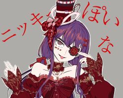 Rule 34 | 1girl, absurdres, anime coloring, bare shoulders, bow, bowtie, bright pupils, brown eyes, checkered bow, checkered clothes, collar, commentary request, crazy, crazy smile, detached collar, detached sleeves, dress, eyelashes, eyepatch, facepaint, frilled collar, frilled dress, frilled sleeves, frills, grey background, hair bow, hand up, hands on eyewear, hat, hat bow, head tilt, highres, infinity nikki, jewelry, long hair, long sidelocks, long sleeves, low twintails, mini hat, mini top hat, necklace, nikki (series), open mouth, outline, palms, puffy long sleeves, puffy sleeves, purple hair, red bow, red bowtie, red collar, red dress, red sleeves, ringed eyes, sidelocks, simple background, sleeves past wrists, smile, solo, straight-on, strapless, strapless dress, striped bow, striped bowtie, striped clothes, tad fibonacci, tongue, top hat, translation request, twintails, upper body, white outline, white pupils