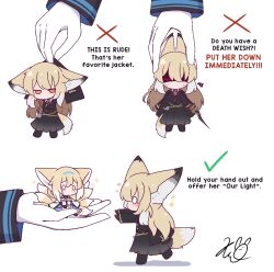 0_0 1other 2girls animal_ears arknights black_gloves black_jacket black_pantyhose black_skirt blonde_hair blue_hairband braid chibi commentary doctor_(arknights) english_commentary english_text fox_ears fox_girl fox_tail gloves hair_between_eyes hair_rings hairband jacket kitsune kurotofu long_hair mini_person minigirl mother_and_daughter multiple_girls pantyhose pleated_skirt purple_skirt red_eyes shaded_face shadow signature simple_background single_glove skirt suzuran_(arknights) tail very_long_hair vulpisfoglia_(arknights) white_background