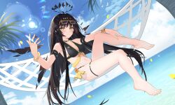 1girl absurdres alternate_costume arknights virtuosa_(arknights) barefoot black_hair blue_sky commentary_request feet glasses hair_between_eyes halo hammock highres looking_at_viewer pu_ht sky swimsuit toes water yellow_eyes yellow_nails