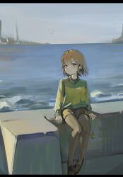 1girl arm_support bob_cut breasts brown_hair brown_pantyhose brown_shoes brown_shorts chara_(undertale) closed_mouth commentary fetransistor full_body genderswap genderswap_(otf) green_sweater grey_sky hair_between_eyes highres holding holding_jewelry holding_necklace jewelry letterboxed light_smile loafers long_sleeves looking_at_viewer necklace orange_eyes outdoors pantyhose paper_texture puffy_long_sleeves puffy_sleeves shoes short_hair short_shorts shorts sidelighting sitting sky small_breasts solo striped_clothes striped_sweater sweater turning_head turtleneck turtleneck_sweater two-tone_sweater undertale unworn_jewelry unworn_necklace water yellow_sweater