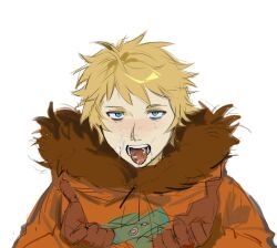 1boy blonde_hair blue_eyes blush brown_gloves cigarette freckles fur-trimmed_jacket fur_trim gloves hands_up jacket kenny_mccormick kugai697139 long_sleeves looking_at_viewer male_focus open_mouth orange_jacket puffy_long_sleeves puffy_sleeves short_hair simple_background solo south_park teeth tongue tongue_out upper_body white_background