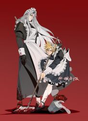 Rule 34 | 2boys, absurdres, alternate costume, apron, aqua eyes, black dress, black gloves, black shoes, blonde hair, blood, blood on clothes, blush, bucket, cloud strife, crossdressing, crossdressing (mtf), dress, final fantasy, final fantasy vii, frilled apron, frills, full body, furrowed brow, gloves, grey hair, highres, holding, holding mop, juliet sleeves, long bangs, long hair, long sleeves, maid, maid apron, maid headdress, male focus, mary janes, mop, mopping, multiple boys, parted bangs, puffy sleeves, red background, sephiroth, sharp teeth, shoes, short hair, teeth, tongueeeeeee, twintails