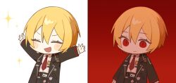 1girl arms_up black_coat black_pants blonde_hair closed_mouth coat collared_shirt cowboy_shot don_quixote_(project_moon) highres lapels limbus_company long_sleeves multiple_views necktie notched_lapels pants project_moon ranya_(artiraia) red_eyes red_necktie sancho_(project_moon) shirt short_hair white_shirt