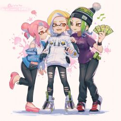1boy 2girls artist_name beanie blonde_hair colored_tongue green_eyes green_hair green_tongue hat high_heels highres inkling inkling_boy inkling_girl inkling_player_character jacket jinkoika money multiple_girls navel nintendo octoling octoling_girl octoling_player_character open_mouth orange_eyes pink_hair pink_shoes platform_footwear platform_heels pointy_ears pom_pom_(clothes) pom_pom_beanie purple_shirt shirt shoes short_hair splatoon_(series) tentacle_hair tentacles tongue tongue_out white_footwear white_jacket yellow_eyes