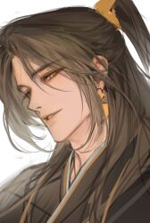1boy absurdres black_hair black_hanfu chinese_clothes earrings gold_earrings half_updo hanfu high_ponytail highres jewelry jigam jinhongi korean_commentary long_hair looking_at_viewer male_focus ponytail simple_background smile solo upper_body white_background xiao_guan_(headdress) yellow_eyes zaha