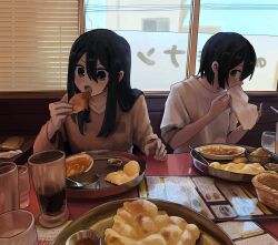 Rule 34 | 2girls, black hair, bowl, bread, cup, drinking glass, eating, food, hair between eyes, highres, holding, holding food, indoors, long hair, multiple girls, obon (ensoku 300en), open mouth, original, plate, restaurant, shirt, table, window