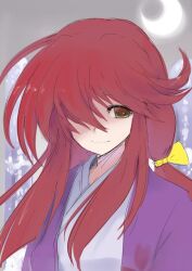Rule 34 | 1girl, :3, bow, closed mouth, ebizome, hair bow, hair over one eye, japanese clothes, kimono, kotohime (touhou), layered clothes, layered kimono, long hair, looking at viewer, low-tied long hair, phantasmagoria of dim.dream, purple kimono, red eyes, red hair, smile, solo, touhou, touhou (pc-98), white kimono, yellow bow, yellow eyes