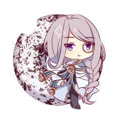 1boy black_pants blue_eyes braid chewing chibi chibi_only chrom_rem dame_x_prince donut food full_body long_hair long_sleeves looking_at_viewer male_focus monocle nanahi_tsubaki no_nose pants purple_hair robe simple_background very_long_hair white_background white_robe