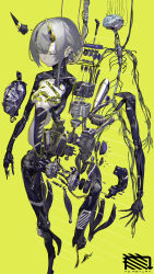 1girl absurdres afukuro android assembling cable caution_tape chromatic_aberration closed_eyes commentary engine english_commentary exhaust_pipe gears grey_hair highres horns humanoid_robot joints mechabare original piston robot robot_joints screw solo spine tube yellow_background