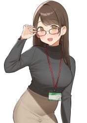 1girl :d absurdres adjusting_eyewear black_sweater blush breasts brown_skirt commentary_request glasses highres id_card lanyard large_breasts office_lady ol_mahonanoka open_mouth original simple_background skirt smile sweater swept_bangs tongue turtleneck turtleneck_sweater upper_body white_background