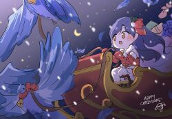 1girl :d animal archive_(user_ufsk2755) bell bird blue_bird blue_hair blush boots brown_boots brown_eyes christmas commentary crescent_moon deformed floating_hair gloves hair_ribbon highres idolmaster idolmaster_(classic) kisaragi_chihaya long_hair merry_christmas moon neck_bell night open_mouth outdoors oversized_animal red_gloves red_ribbon ribbon santa_costume sitting sled smile solo symbol-only_commentary