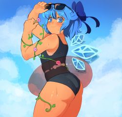 1girl absurdres blue_eyes blue_hair blue_ribbon blue_wings cirno eyewear_on_head fairy_wings flower hanaarts highres ice ice_wings plant ribbon short_hair solo sunglasses sunglasses_on_head swimsuit tan tanned_cirno touhou vines wings