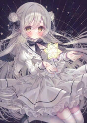 Rule 34 | 1girl, black bow, black bowtie, black shoes, black wings, blush, bow, bowtie, brown hair, double bun, eyes visible through hair, feathered wings, frilled cuffs, grey hair, hair bow, hair bun, highres, long hair, long sleeves, mary janes, original, parted lips, petticoat, puu (kari---ume), shirt, shoes, skirt, skirt set, solo, star (symbol), tareme, thighhighs, very long hair, watermark, white shirt, white skirt, white thighhighs, wings