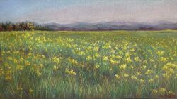 Rule 34 | artist name, field, flower, flower field, grass, grasslands, highres, mountain, mountainous horizon, nature, no humans, norako pastel, original, painting (medium), pastel (medium), plant, signature, tall grass, traditional media, tree, yellow flower