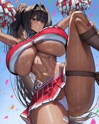 1girl absurdres alternate_breast_size bandaid bandaid_on_arm bandaid_on_hip bandaid_on_stomach bandaid_on_thigh bay_(nikke) black_hair blush breasts cheerleader crop_top dark-skinned_female dark_skin goddess_of_victory:_nikke hair_intakes highres holding holding_pom_poms huge_breasts large_breasts leg_lift lock long_hair looking_at_viewer mole mole_on_stomach mole_under_mouth multicolored_hair navel padlock padlocked_collar panties pom_pom_(cheerleading) pom_poms ponytail red_hair skindentation skirt solo split spread_legs standing standing_on_one_leg standing_split star_sticker sticker_on_face streaked_hair sweat two-tone_skirt two-tone_tank_top underboob underwear wolffeld_price