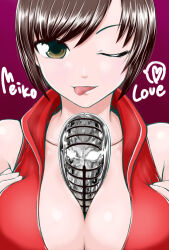 1girl breasts brown_eyes brown_hair character_name commentary_request highres large_breasts meiko_(vocaloid) microphone one_eye_closed parted_bangs red_vest short_hair simulated_paizuri solo tanaka_gorbachev tongue tongue_out upper_body vest vocaloid