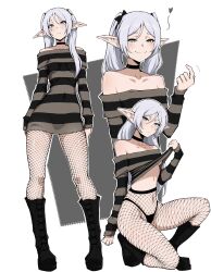 1girl absurdres alternate_hairstyle boots breasts brown_sweater choker commentary dress earrings elf fishnet_pantyhose fishnets frieren grey_hair highres jewelry kekel long_hair midriff off-shoulder_dress off_shoulder pantyhose pointy_ears simple_background small_breasts smile solo sousou_no_frieren sweater thong twintails white_background