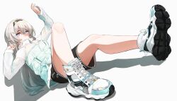 1girl ailushin aqua_hair black_hairband black_shorts firefly_(honkai:_star_rail) full_body gradient_hair grey_hair hairband hand_up highres honkai:_star_rail honkai_(series) jacket long_hair long_sleeves looking_at_viewer multicolored_hair official_alternate_costume shadow shoes shorts simple_background solo white_background white_jacket white_shoes