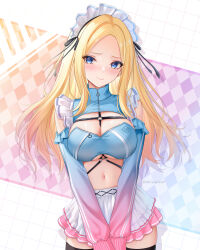 1girl akiei black_thighhighs blonde_hair blue_eyes blue_shirt blush breasts cleavage closed_mouth crop_top cropped_shirt detached_sleeves gakuen_idolmaster gradient_clothes gradient_hair highres idolmaster juo_sena large_breasts long_hair long_sleeves looking_at_viewer maid maid_headdress midriff multicolored_hair navel pink_hair pink_skirt shirt skirt smile solo streaked_hair thighhighs two-tone_hair underboob very_long_hair white_skirt