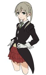 1girl blonde_hair buttons collared_shirt cowboy_shot gloves green_eyes green_necktie highres kashiwa_(iersansi) light_smile maka_albarn miniskirt necktie plaid_clothes plaid_skirt red_skirt shirt skirt sleeve_cuffs solo soul_eater striped_necktie tareme twintails white_background white_gloves