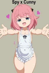 1girl anya_(spy_x_family) apron artist_name collarbone covered_navel cowboy_shot eyebrows eyelashes female_focus flat_chest green_eyes grey_background hikari_(takohoshino) looking_at_viewer medium_hair naked_apron open_mouth outstretched_arms pink_hair pov simple_background smile solo spy_x_family standing white_apron